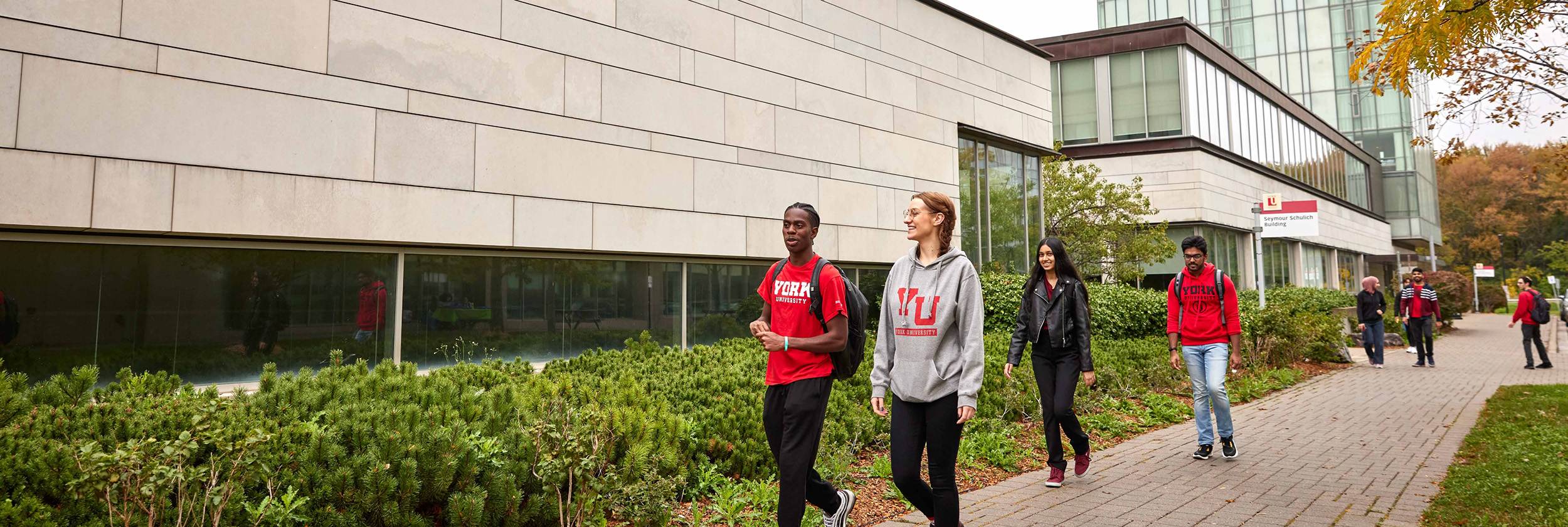 Students in York University gear, walking outside the Seymour Schulich Building.