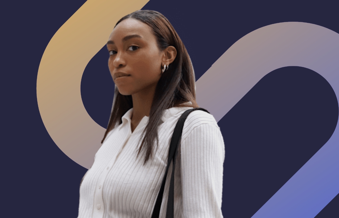 Female in business attire, pictured against a graphic background.